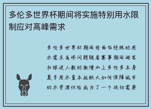 多伦多世界杯期间将实施特别用水限制应对高峰需求 多伦多世界杯期间将实施特别用水限制应对高峰需求